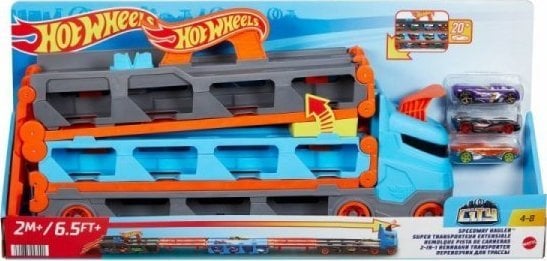 Hot Wheels Wyścigowy transporter 2w1 + 3 auta