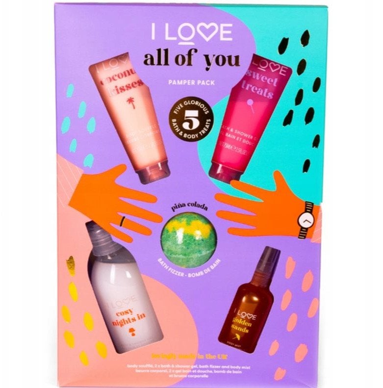 All Of You Set I Love: Coconut Kisses, Hydrating, Body Lotion, 75 ml + Pina Colada , Bath Bomb, 120 g + Golden Sands, Refreshing, Body Spray, 100 ml +
