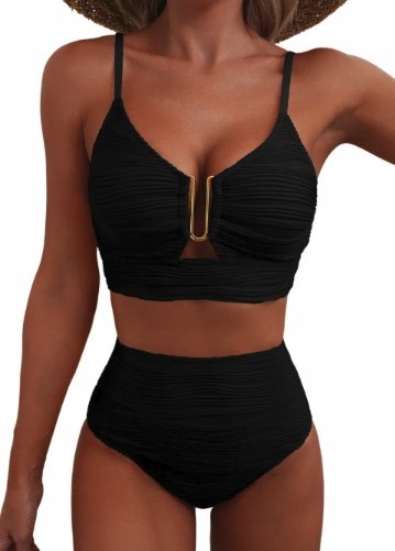Dwuczęściowy strój kąpielowy V-Neck z wycięciem wysoki stan czarne bikini S