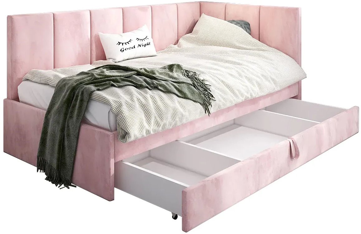 Łóżko młodzieżowe AURA 2 100x200 różowe z tapicerowanym panelem L i szufladą MKPOL