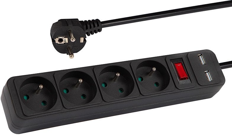 98-778# Przedłużacz sieciowy pr-470wsp/usb 4-gniazda+usb z uziemieniem+wyłącznik 3m czarny 3x1,5mm