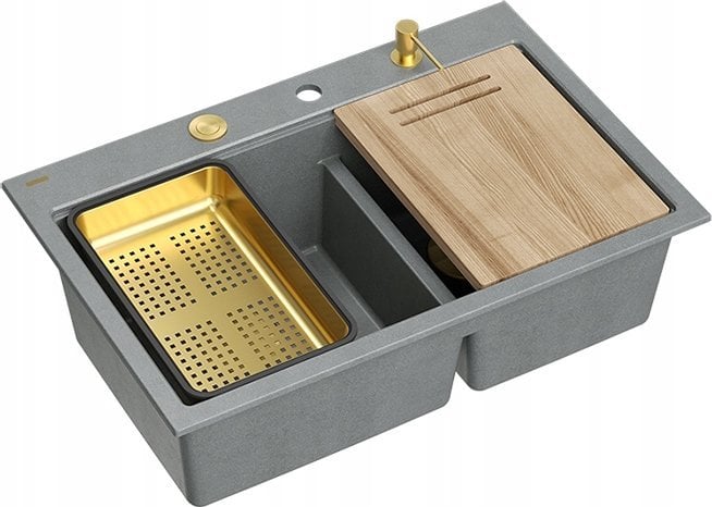 Zlewozmywak GraniteQ MARC 120 WORKSTATION GraniteQ zlewozmywak 2-komorowy 760*500*235 mm silver stone + syfon push to open + dozownik + deska + wkładk