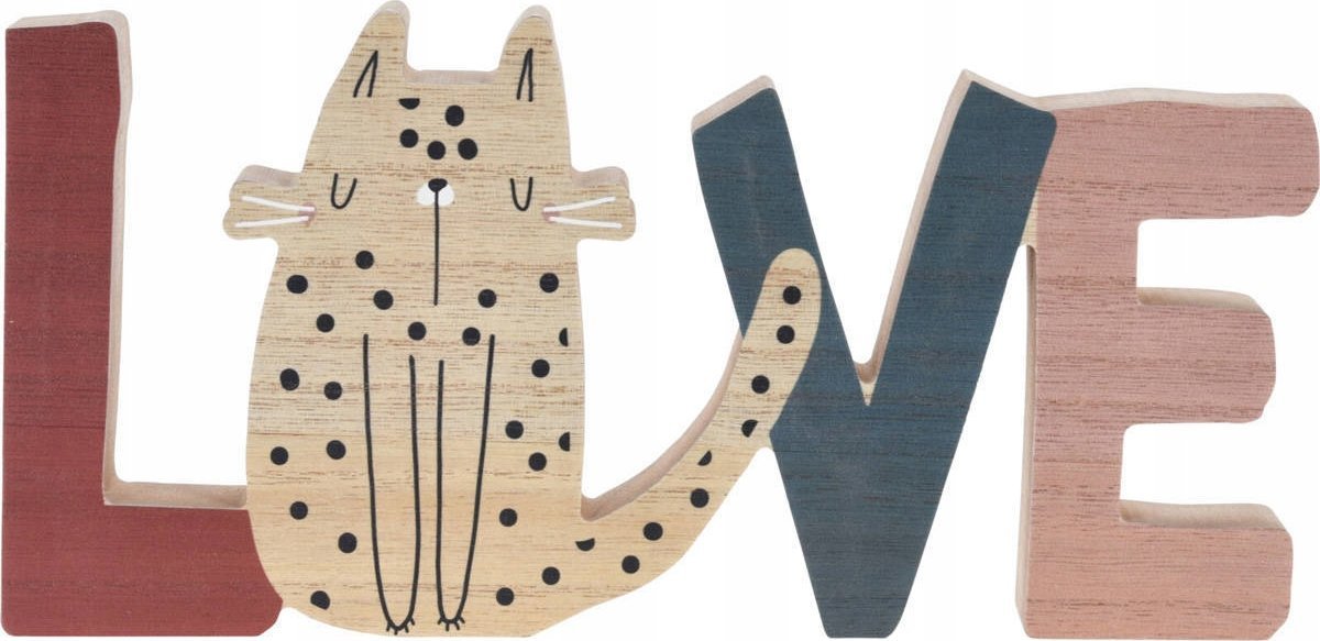Home Styling Collection Stojąca dekoracja do pokoju dziecka Napis i kotek, drewniana, 28 x 2,5 x 12 cm