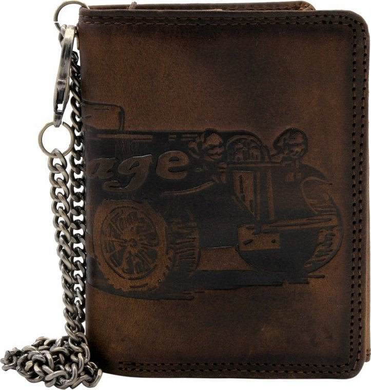 Pionowy portfel męski ze skóry nubukowej z tłoczonym motywem i łańcuchem