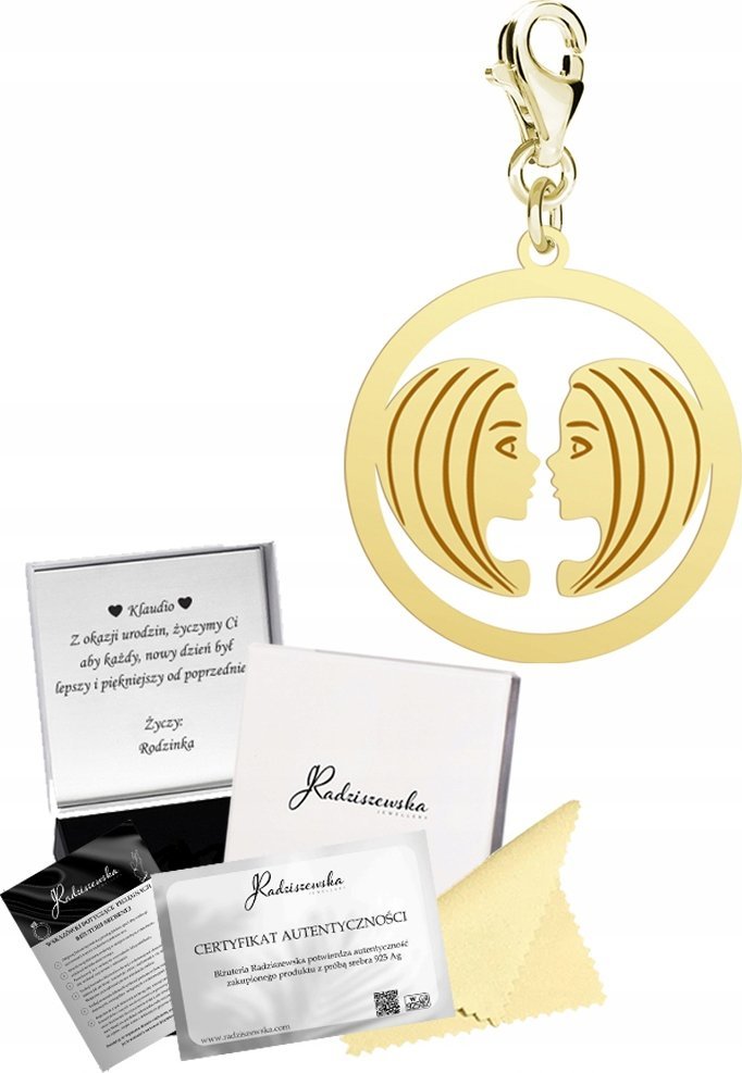 Radziszewska Jewellery Charms Złoty Znak Zodiaku Bliźnięta 925 Prezent Kobieta DEDYKACJA GRATIS