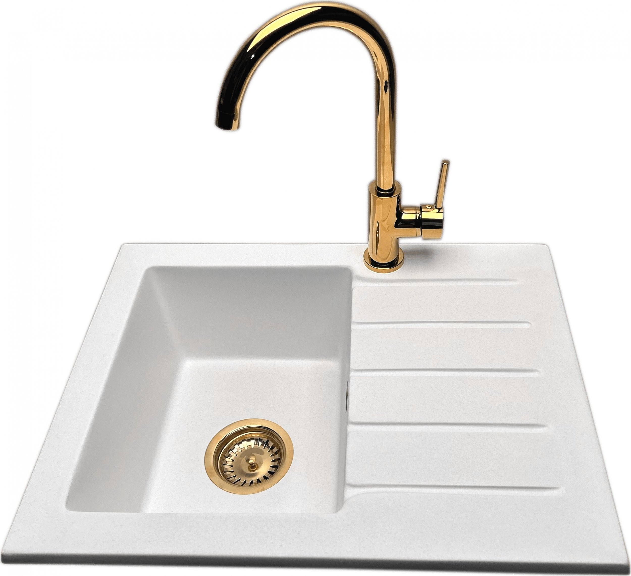 Zlewozmywak PREHNIT Zlewozmywak jednokomorowy z ociekaczem ARAGON biały z prawym ociekaczem + bateria złota