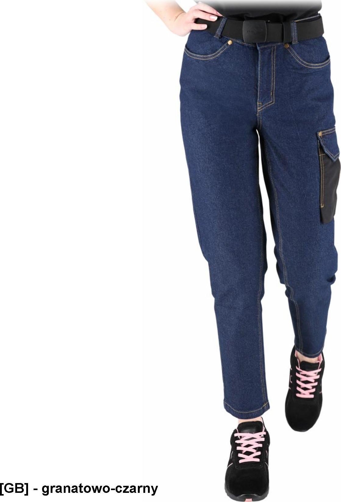 JEANS-L727 - Elastyczne spodnie ochronne do pasa damskie zapięcie guzik zamek błyskawiczny 6 kieszeni tkanina jeansowa 78% bawełna, 20% poliester 2% e