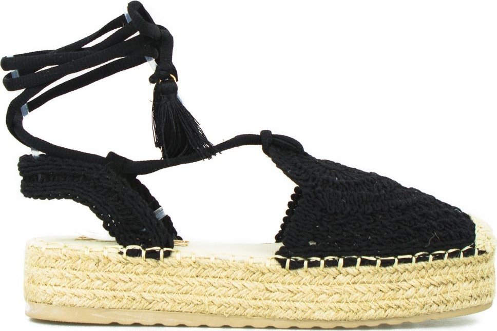 Wolski Espadryle sandały na platformie wiązane czarne-38