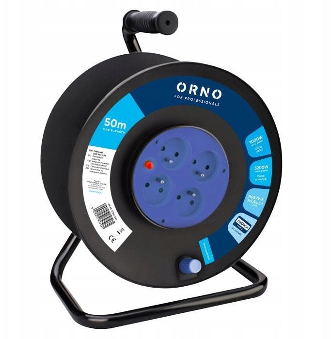 Przedłużacz bębnowy, 4 gniazda 2P+Z, kabel PVC H05VV-F 3x1.5mm2, 50m, termik, przesłony torów prądowych