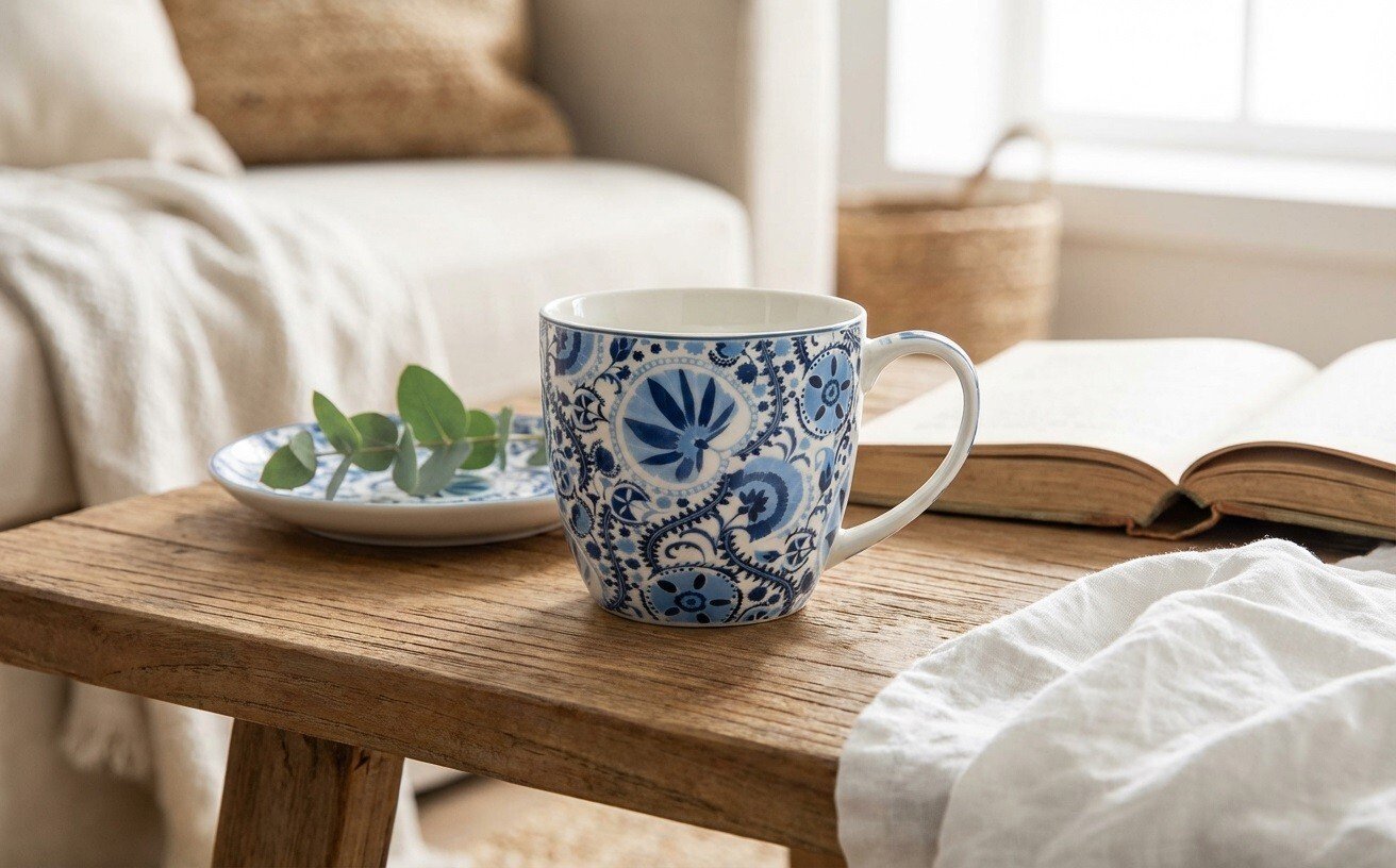 Kubek porcelanowy 460 ml Naresh Blue w koszyczku