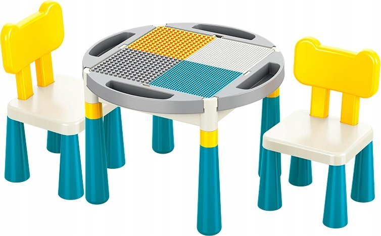 Coil Coil stolik wielofunkcyjny blat do układania klocków 2w1 dla dzieci okrągły + 2 krzesła