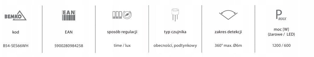 Czujnik obecności 360 stopni IP54 podtynkowy biały B54-SES66WH