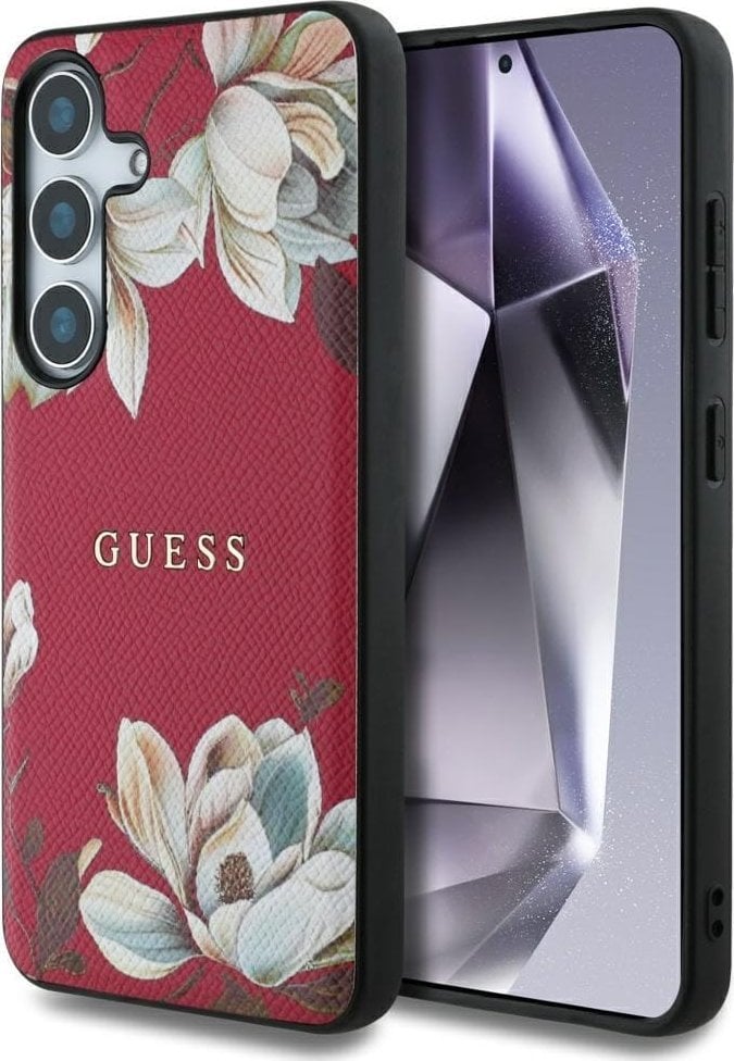 Guess Grained Printed Flower Pattern MagSafe case for Samsung Galaxy S25 fuchsia