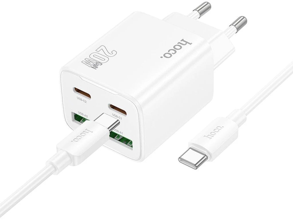 Ładowarka sieciowa do telefonu Hoco 2 x USB C + 2 x USB A QC3.0 PD 3A 20W + kabel USB C do USB C N55 biała