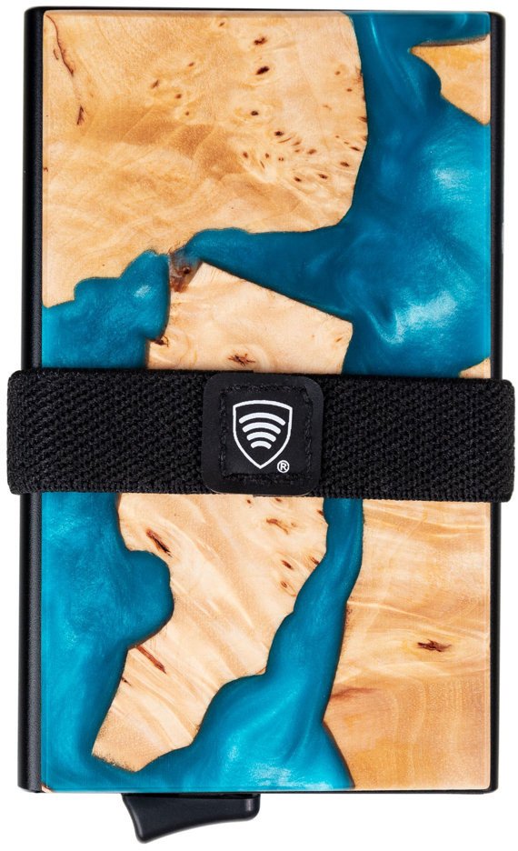 Aluminiowy portfel z wysuwanymi kartami i ochroną kart zbliżeniowych (drewno + turkusowa żywica) Uniwersalny