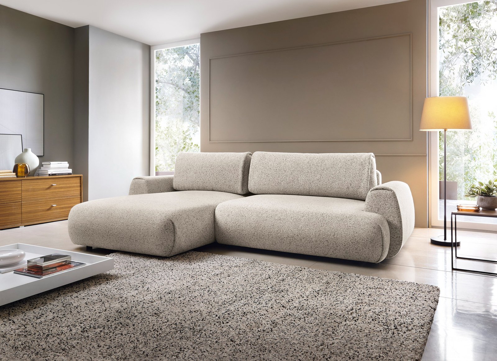 Narożnik VERNIO lewostronny plecionka Puente 06 greige chłodny beż funkcja spania