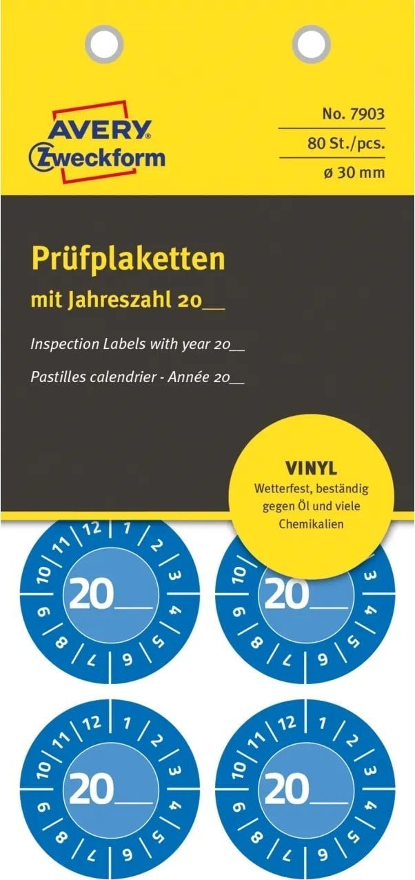 AVERY Blå inspektionsetiket Ø30 mm med årstal 20__ til selv at udfylde, Vinyl Blå - (10 ark x 8 stk.)