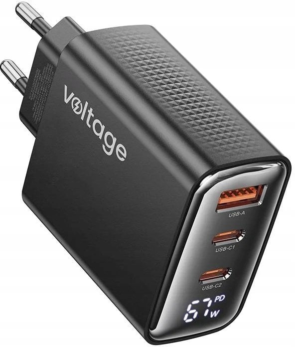 Ładowarka voltage Ładowarka sieciowa GaN Charger 67W PD 3.0 QC 4.0 USB-A 2x USB-C Digital Display czarna