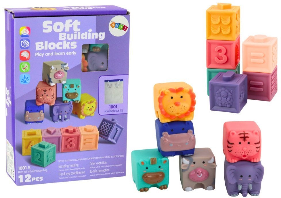 Miękkie Klocki Edukacyjne Zwierzęta Liczby Litery Kolorowe 12 Szt