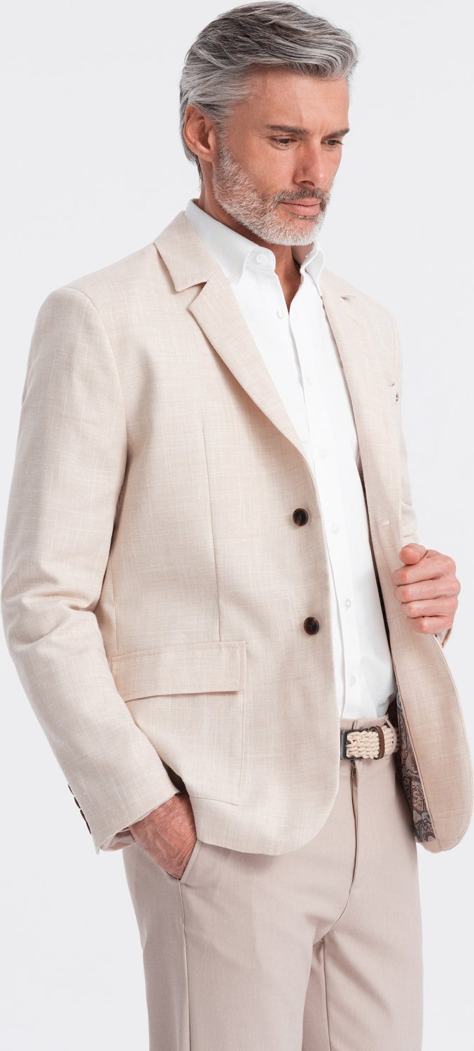 Ombre Męska marynarka o kroju REGULAR z lnem - kremowa V1 OM-BLZB-0128 XXL