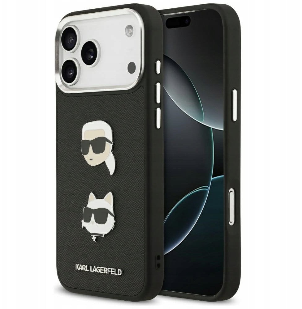 Etui Karl Lagerfeld FW Grained Karl & Choupette Heads Pins & Logo do iPhone 17 Pro Max czarny