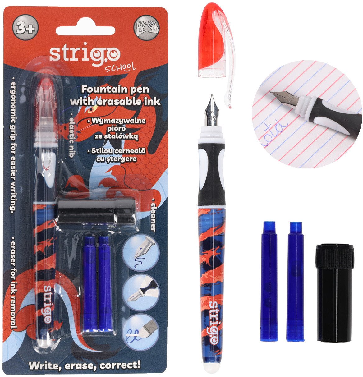 Pióro wieczne ścieralne wymazywalne z stalówką do nauki pisania Smok STRIGO