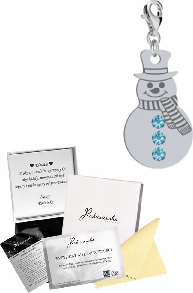 Radziszewska Jewellery Charms z Bałwanem Srebro 925 Boże Narodzenie Prezent ŻYCZENIA GRATIS