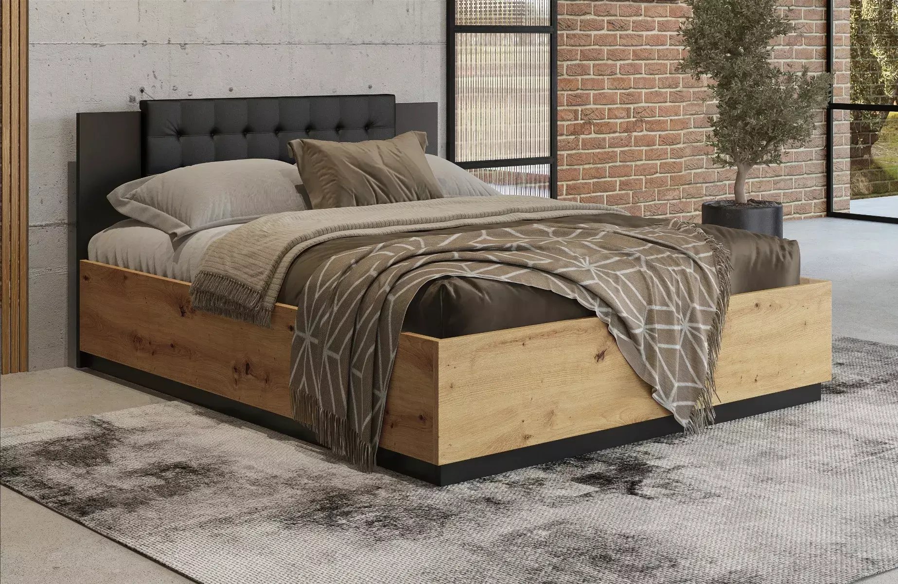 Łóżko SIGMA 140x200 dąb artisan/czarny mat z pojemnikiem HELVETIA