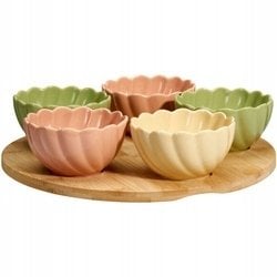 Miseczki na przekąski kwiatki na bambusowej tacy, 5 miseczek + deska