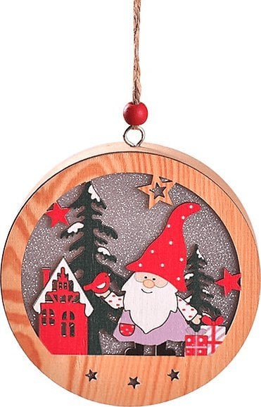 Lampka Świąteczna Drewniana Skrzat i domek - Okrągła