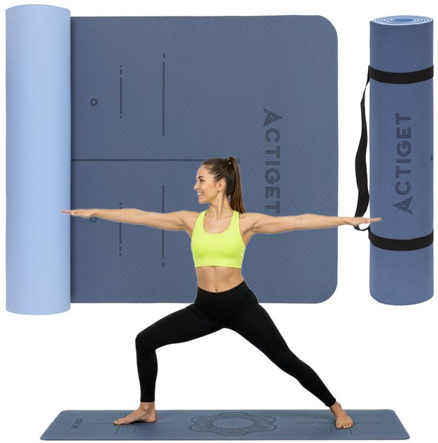 Mata do ćwiczeń 183x61 cm antypoślizgowa TPE do jogi, stretchingu z uchwytem niebieska UNIWERSALNY