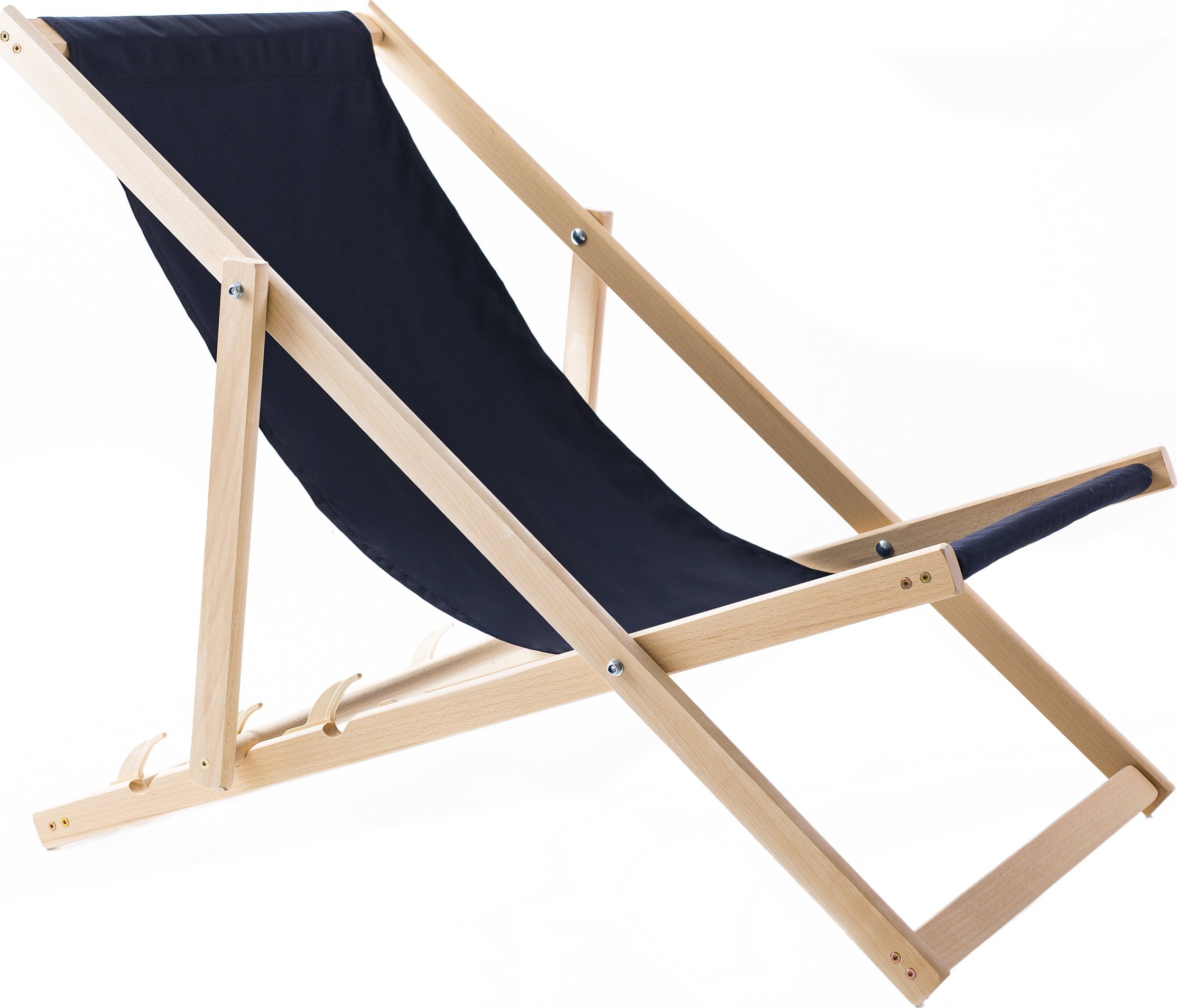 LEŻAK PLAŻOWY OGRODOWY DREWNIANY SKŁADANY WOODOK granatowa tkanina
