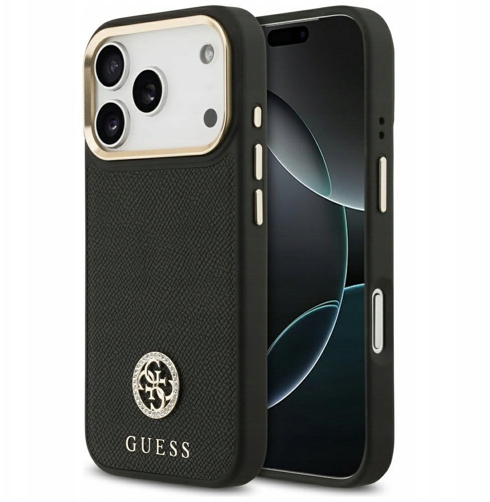 Guess Etui Grained Strass Logo MagSafe do iPhone 17 Pro czarny
