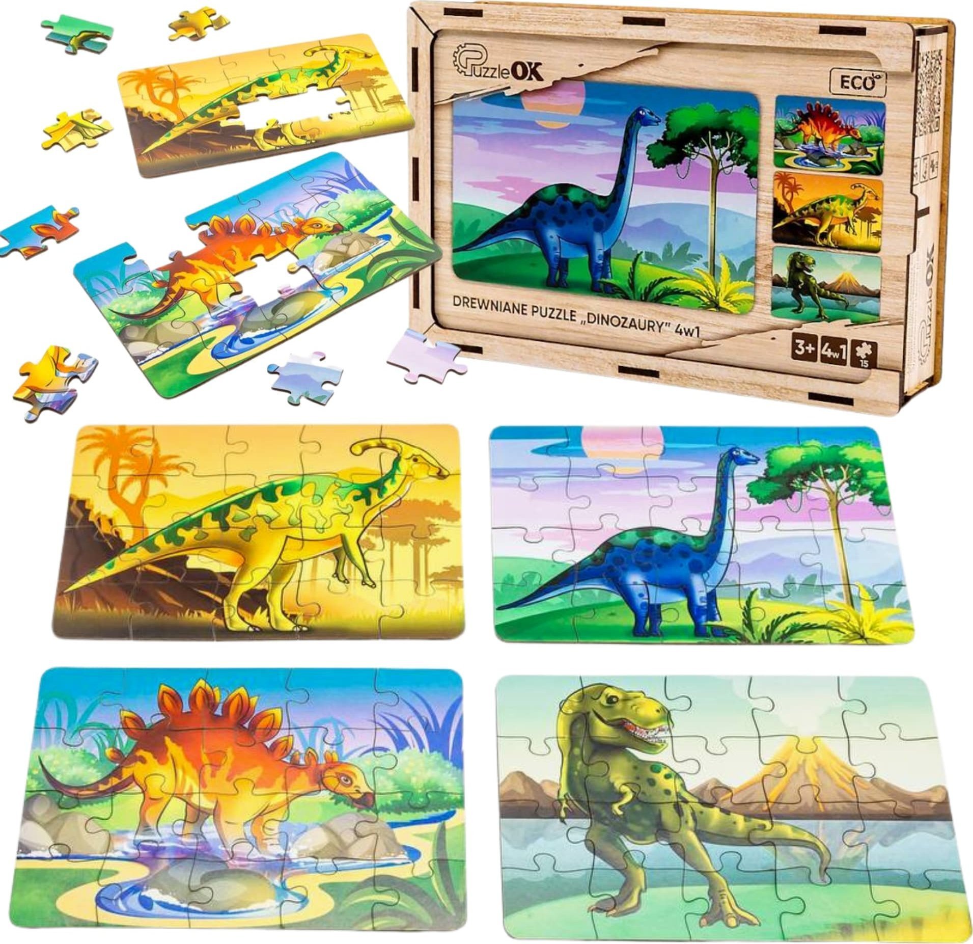PuzzleOK Drewniane Puzzle 4w1 Dinozaury Układanka Zestaw Prehistoria Zabawka