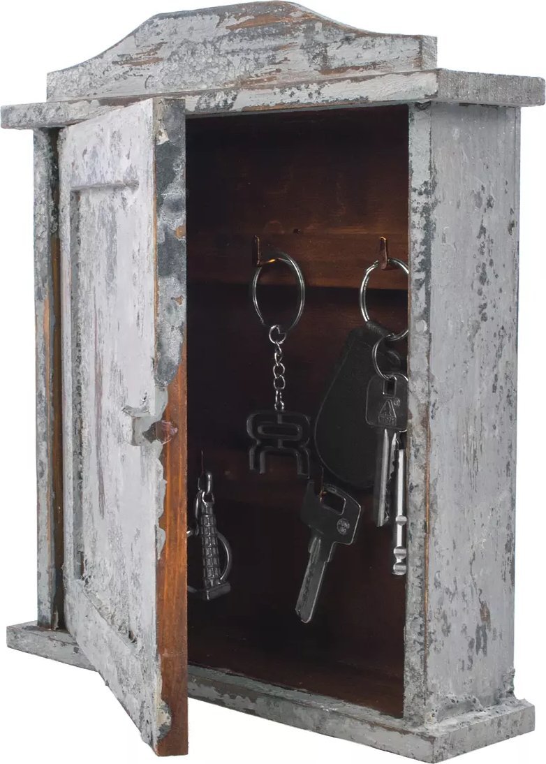 Snowsport Szara skrzynka na klucze Wandbox z 6 haczykami, malowana w stylu retro vintage loft, industrialnym