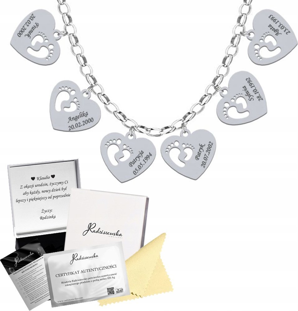 Radziszewska Jewellery Naszyjnik Srebrny z Sercem Stópki z Grawerem Łańcuszek ŻYCZENIA GRATIS