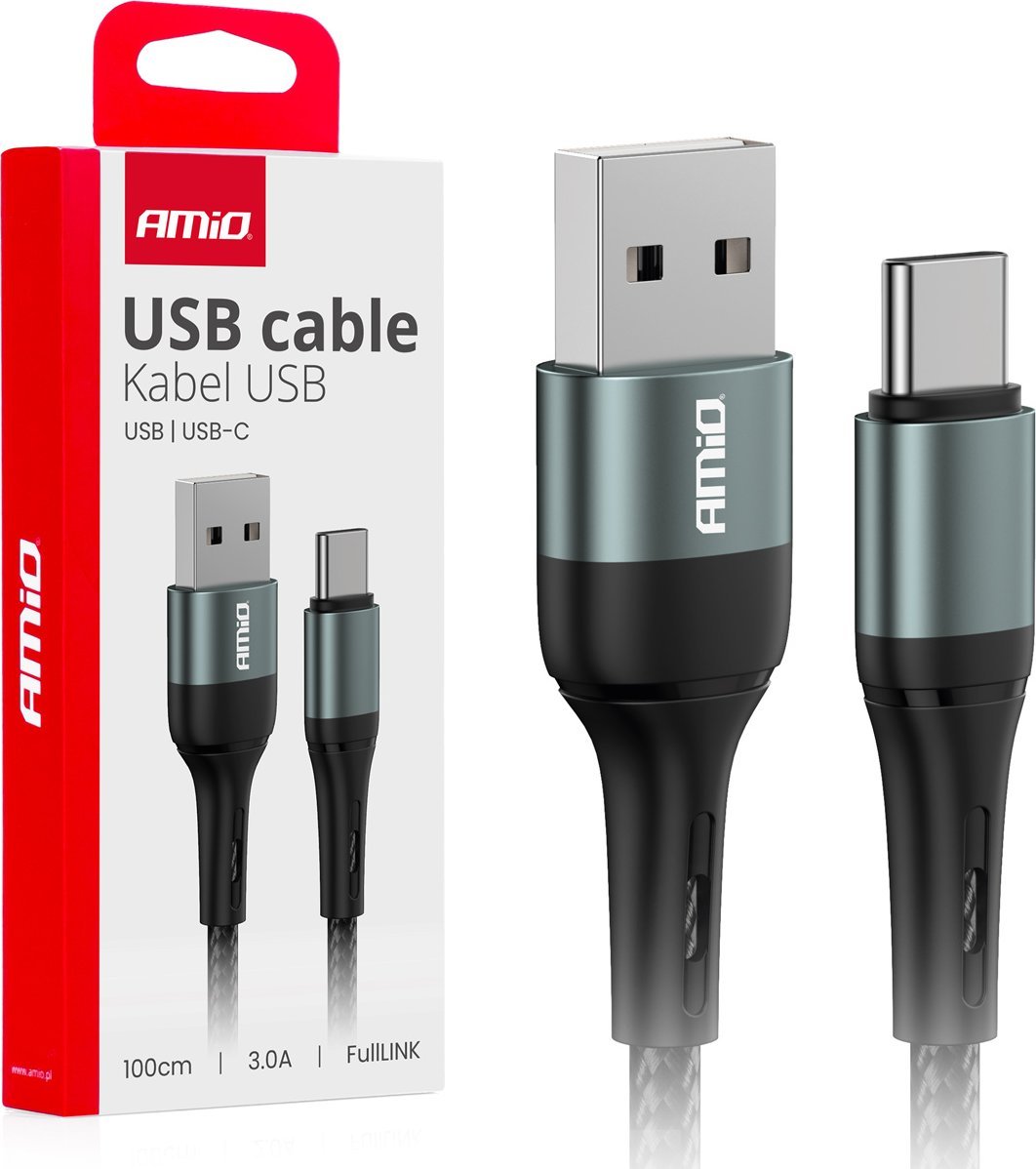 Kabel USB AMiO USB-A - USB-C 1 m Czarny