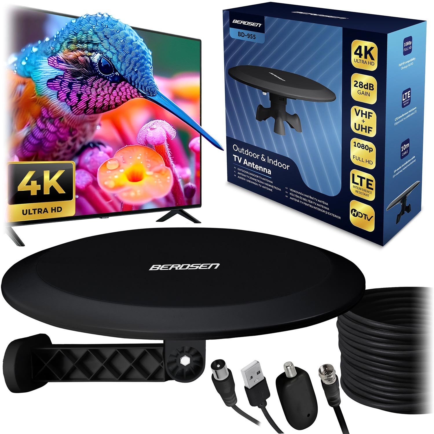 Antena RTV Berdsen Antena wewnętrzna zewnętrzna TV ultra HD 4K BD-955 czarna