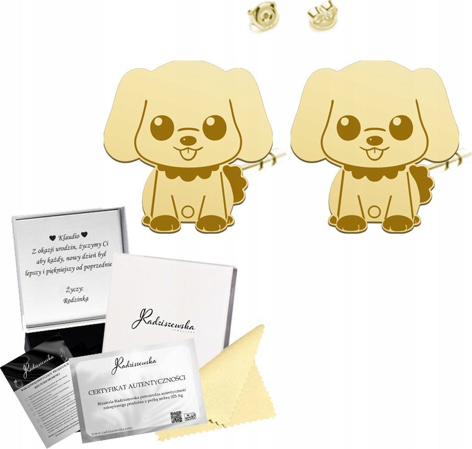 Radziszewska Jewellery Kolczyki Złote z Pieskiem Prezent Dziecko SREBRO 925 ŻYCZENIA GRATIS