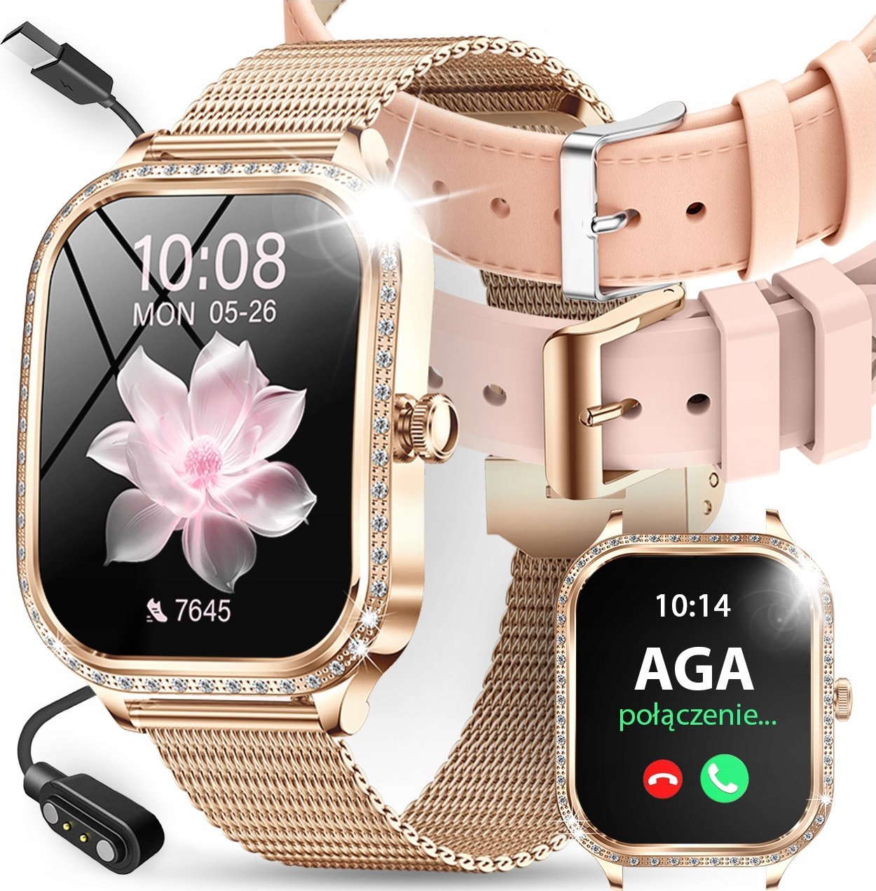 SMARTWATCH DAMSKI ZEGAREK ROZMOWY MENU POLSKIE PULS POWIADOMIENIA| 3 PASKI