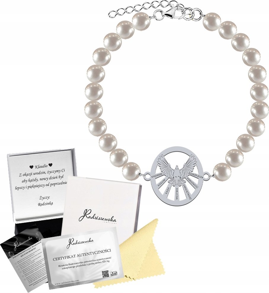 Radziszewska Jewellery Bransoletka Srebrna na Bierzmowanie Duch Święty Perły 925 ŻYCZENIA GRATIS
