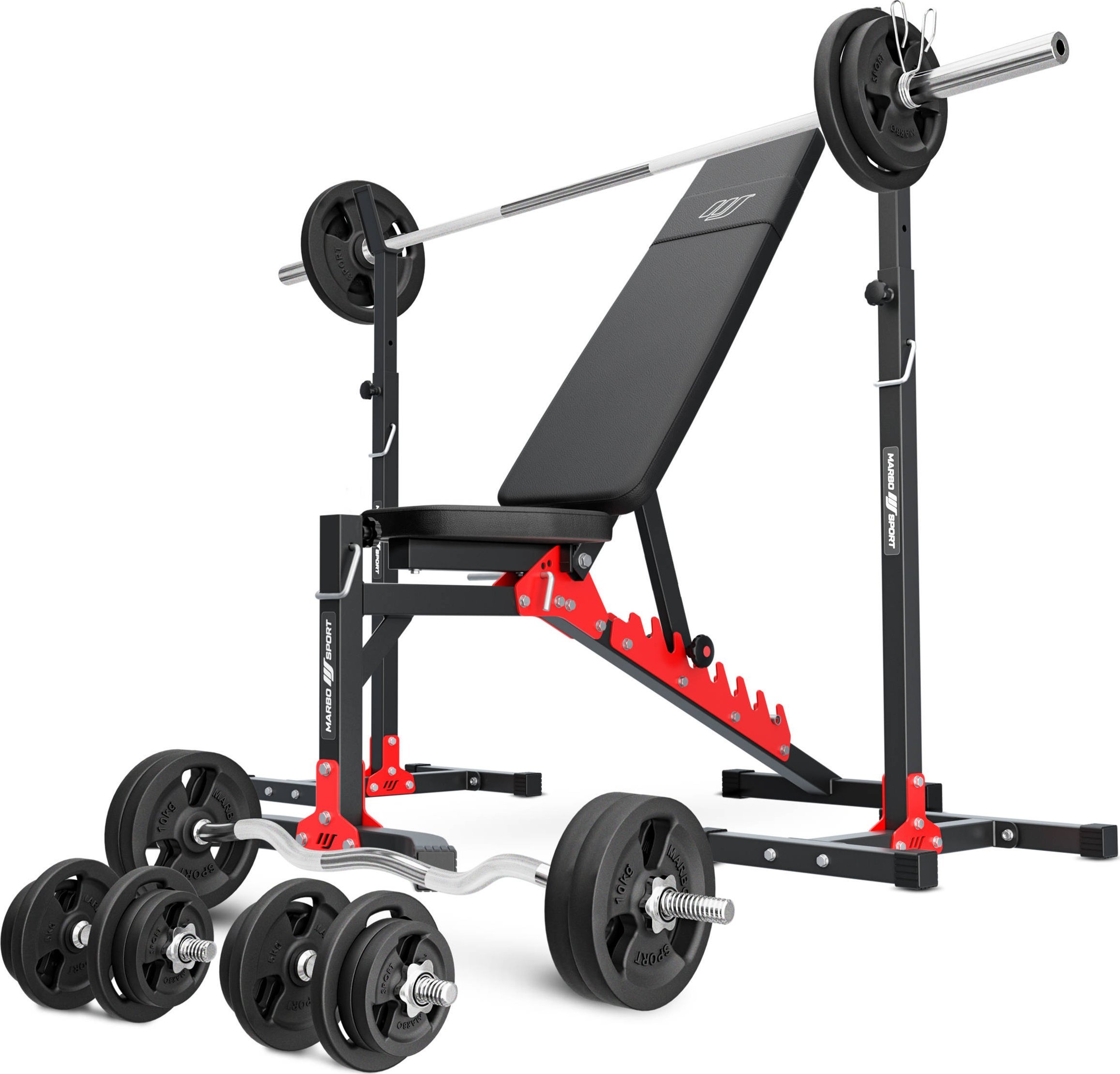 Zestaw MH19_141KG_KIER | Ławka regulowana + stojaki regulowane + zestaw gryfów i obciążeń - Marbo Sport