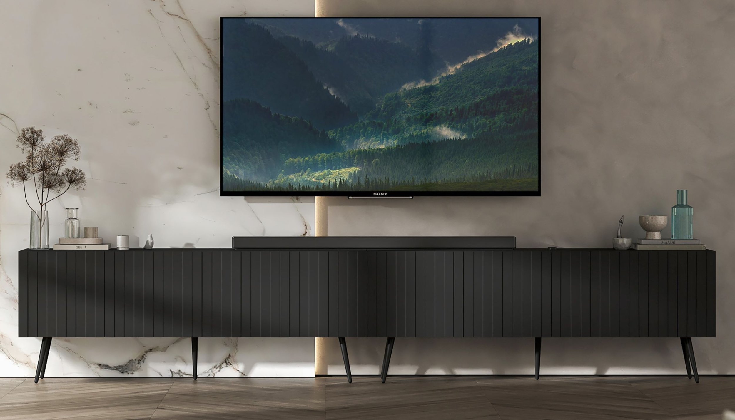 Szafka RTV Glamour Komoda RTV Czarny Mat 300 cm Nowoczesna Loft Nogi Metalowe Czarne