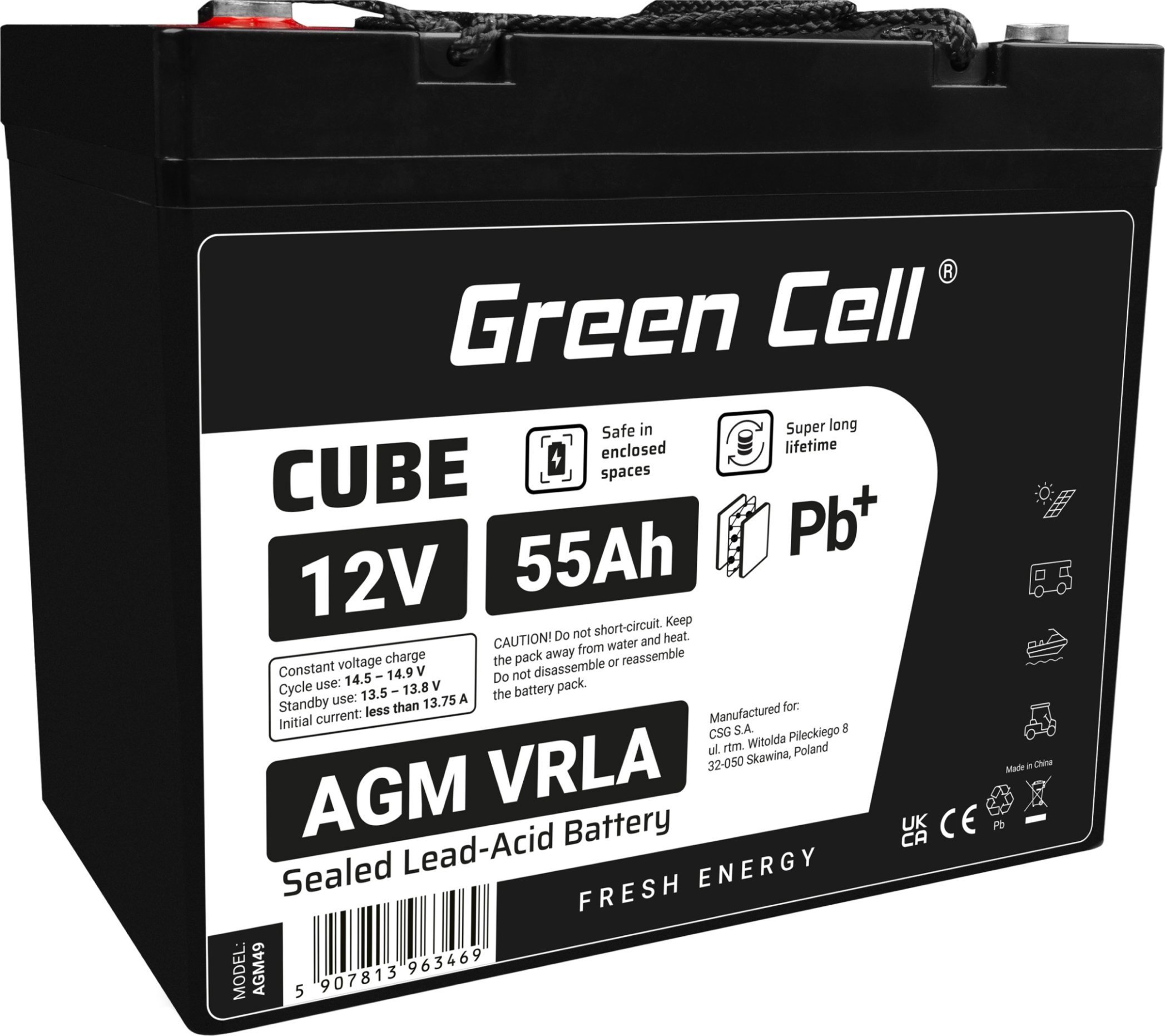 Green Cell Green Cell Cube AGM VRLA IP54 12V 55Ah bezobsługowy akumulator do kosiarki skutera łodzi wózka inwalidzkiego