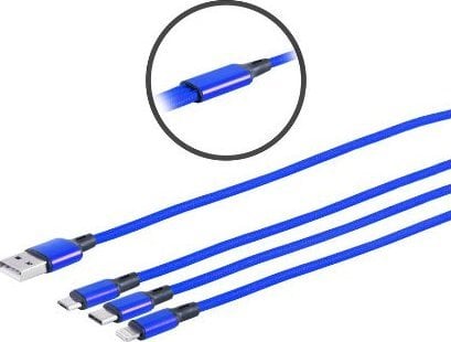 Kabel USB MicroConnect USB-A - USB-C + microUSB + Lightning 1.2 m Niebieski (MC-USBA-3WAY)