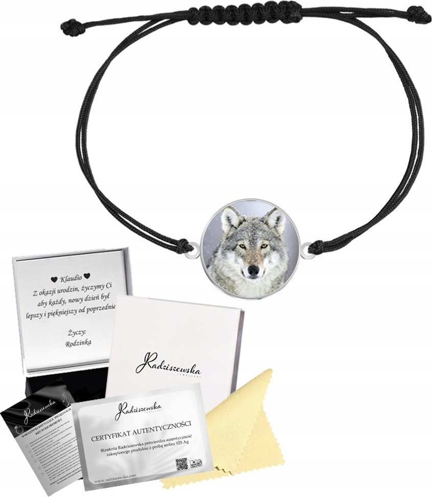 Radziszewska Jewellery Bransoletka Srebrna Wilk Zdjęcie Foto Biżuteria Sznurek 925 GRAWER GRATIS