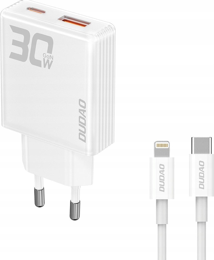 Ładowarka Dudao Ładowarka sieciowa GaN Dudao A30EUL 30W USB-A / USB-C + kabel USB-C - Lightning - biała