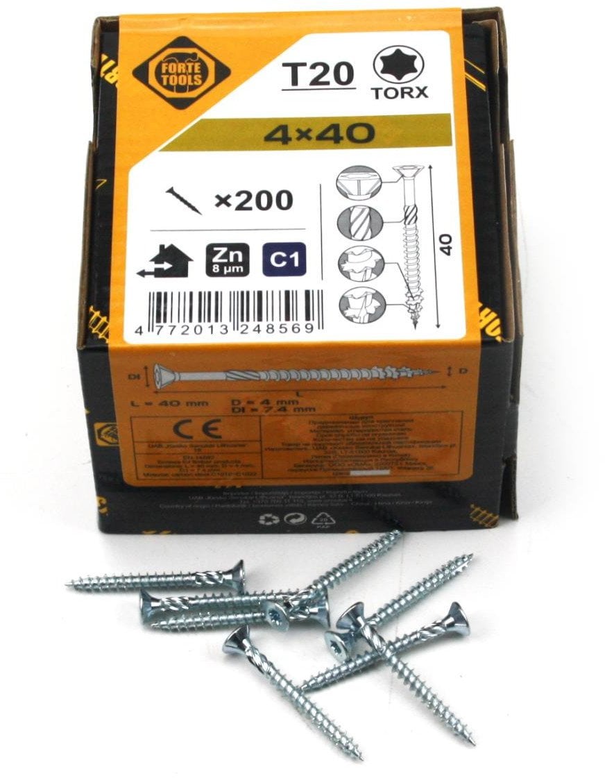 CHIPBOARD SCR T20 4.0X40 WHITE ZN(200)