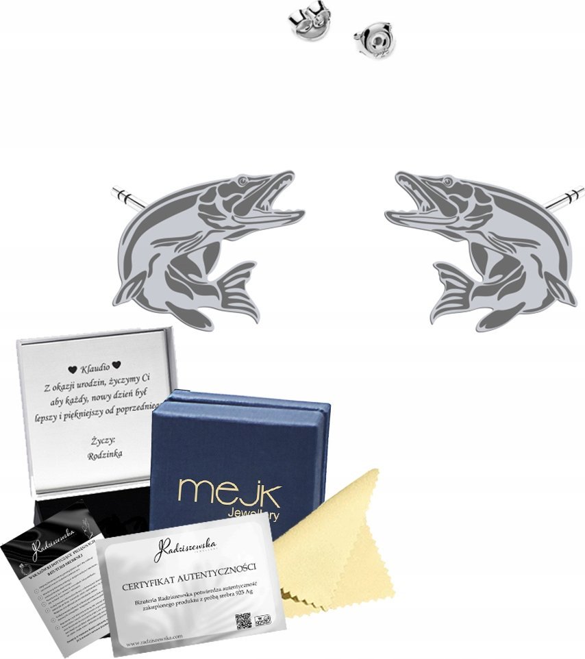 Radziszewska Jewellery Kolczyki Srebrne Szczupak Wkrętki SREBRO 925 Dedykacja Prezent Biżuteria