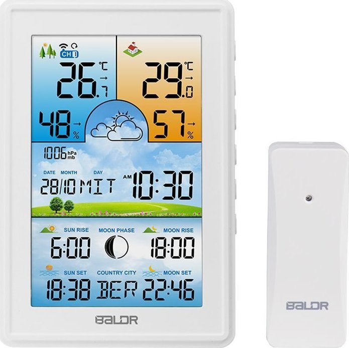 Bezprzewodowa stacja pogodowa termometr higrometr zegar fazy księżyca kalendarz budzik z drzemką biała